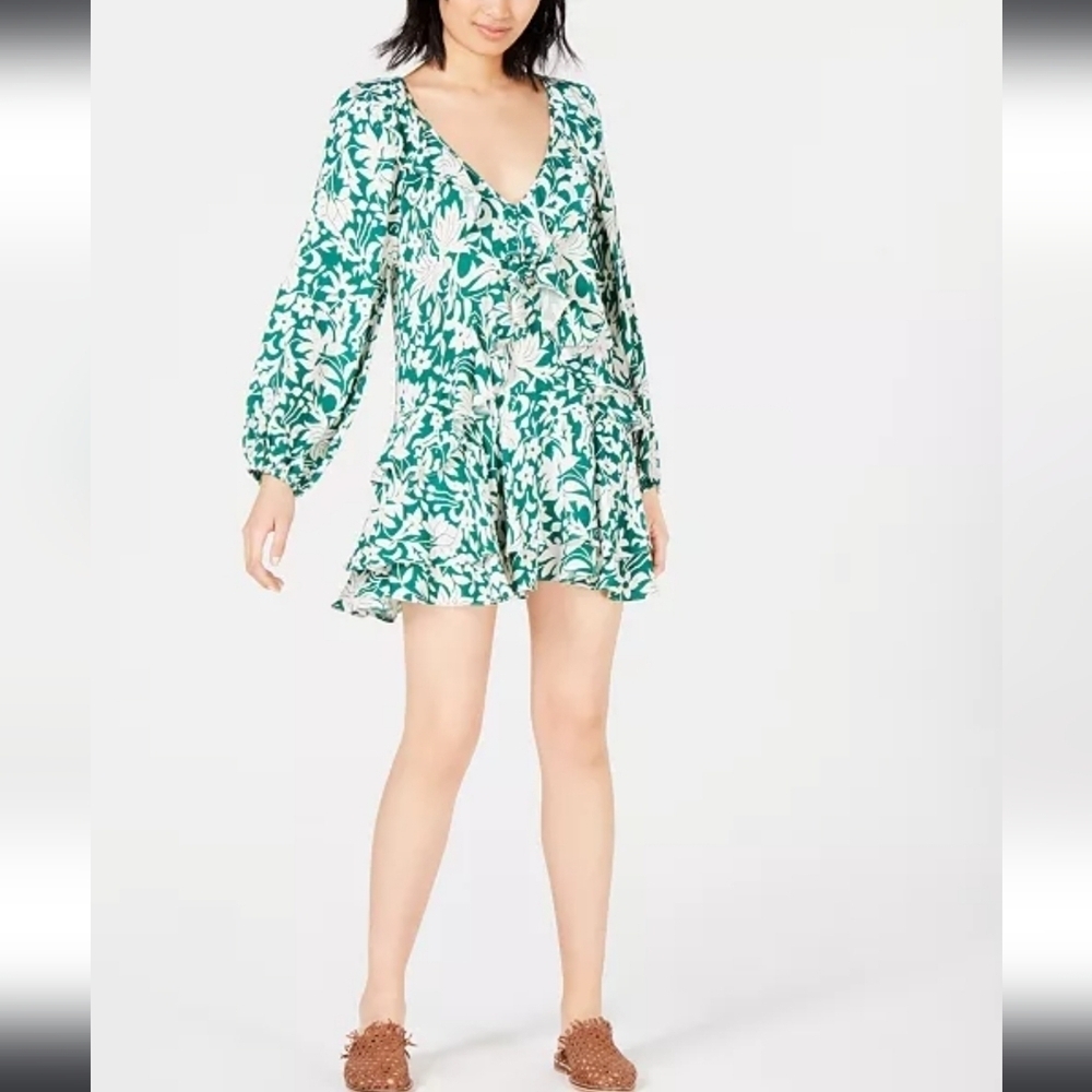 Free People Rebeca Green Floral Ruffle Mini Dress Boho Long Sleeve Medium